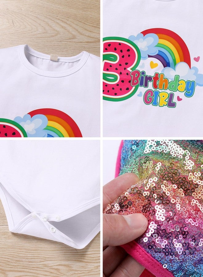 ODIZLI 3rd Birthday Outfit Girl Baby Toddler Short Sleeve T-shirt+Shiny Rainbow Sequin Shorts+Headband 3PCS Summer Clothes Melon Watermelon Party Supplies Third Year Old Cake Smash Photoshoot Pink-3T 3 Years - Image 5