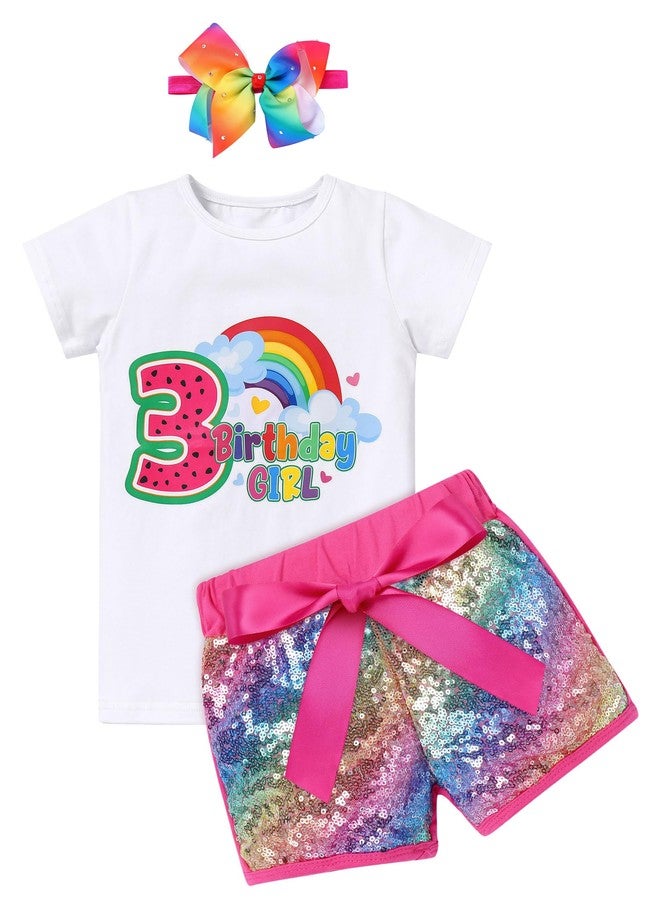 ODIZLI 3rd Birthday Outfit Girl Baby Toddler Short Sleeve T-shirt+Shiny Rainbow Sequin Shorts+Headband 3PCS Summer Clothes Melon Watermelon Party Supplies Third Year Old Cake Smash Photoshoot Pink-3T 3 Years - Image 1