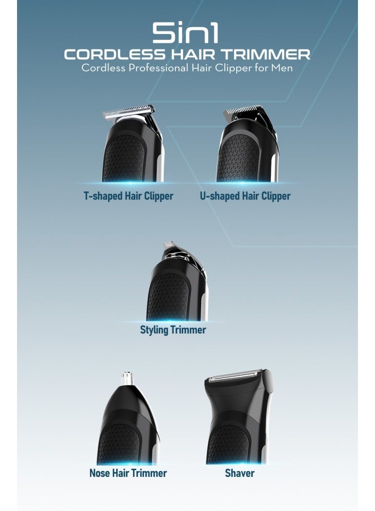 Moxedo 5 in 1 Cordless Hair Trimmer Professional Hair Clipper for Men IPX6 Waterproof Stainless-Steel T-Blade 120 Mins Working Time 5 Adjustable Guards for Men - Image 2