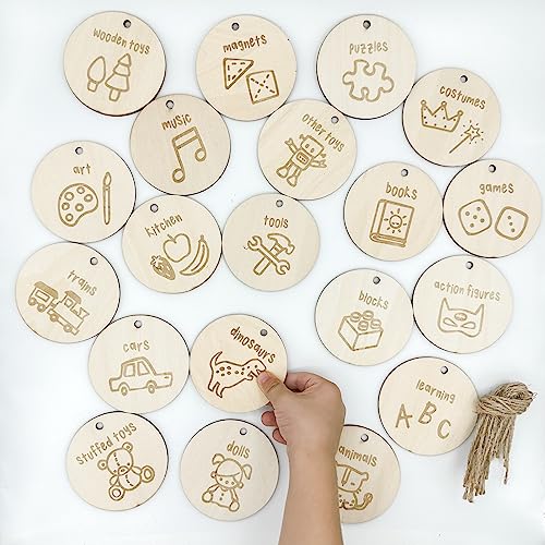 The Boho Design Wood Toy Storage Labels Natural Jute String. 20 Unique Designs of Wooden Tags for Woven Basket. Home Organization Playroom, Bedroom Decor. Illustration by Artist @vieli_arte (Wood + Jute String) - Image 2
