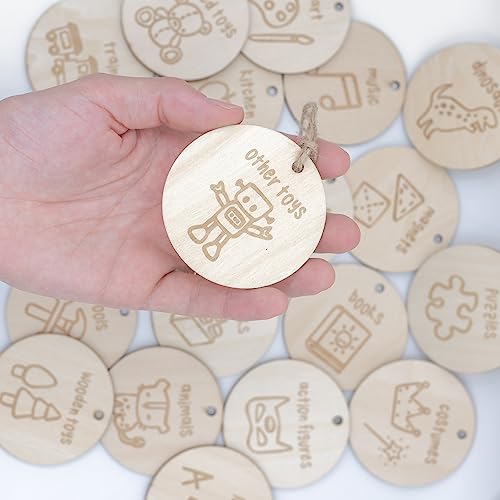 The Boho Design Wood Toy Storage Labels Natural Jute String. 20 Unique Designs of Wooden Tags for Woven Basket. Home Organization Playroom, Bedroom Decor. Illustration by Artist @vieli_arte (Wood + Jute String) - Image 3