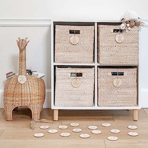 The Boho Design Wood Toy Storage Labels Natural Jute String. 20 Unique Designs of Wooden Tags for Woven Basket. Home Organization Playroom, Bedroom Decor. Illustration by Artist @vieli_arte (Wood + Jute String) - Image 1