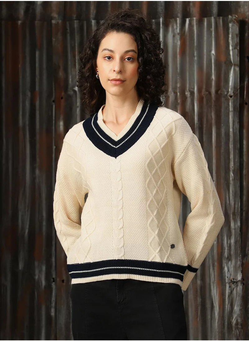 هاي ستار Women's Marshmellow With Navy And White 100% Acrylic Solid Regular Fit Sweater