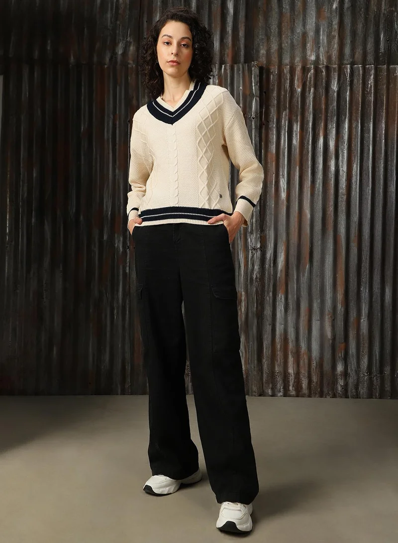 HIGH STAR Women's Marshmellow With Navy And White 100% Acrylic Solid Regular Fit Sweater