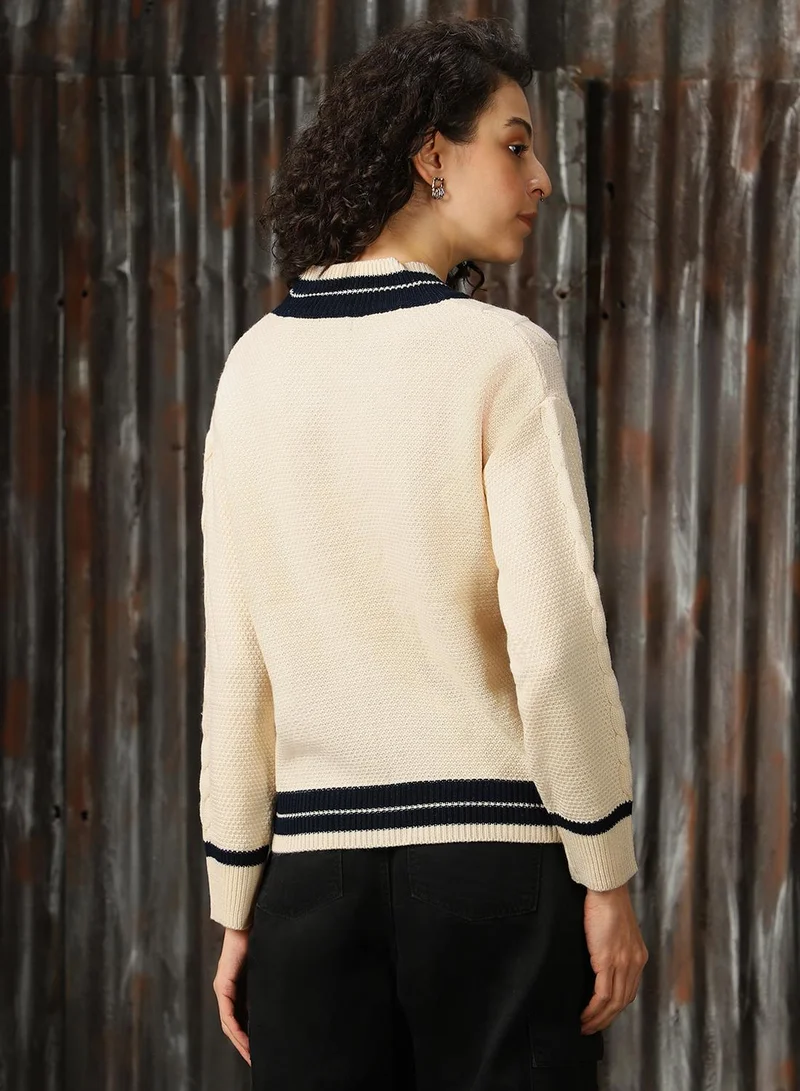 HIGH STAR Women's Marshmellow With Navy And White 100% Acrylic Solid Regular Fit Sweater