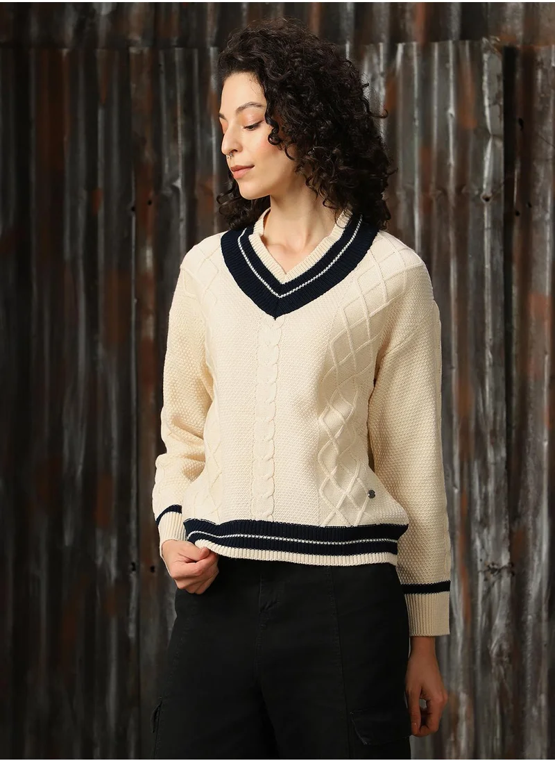 هاي ستار Women's Marshmellow With Navy And White 100% Acrylic Solid Regular Fit Sweater