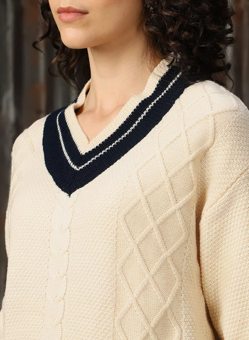 HIGH STAR Women's Marshmellow With Navy And White 100% Acrylic Solid Regular Fit Sweater