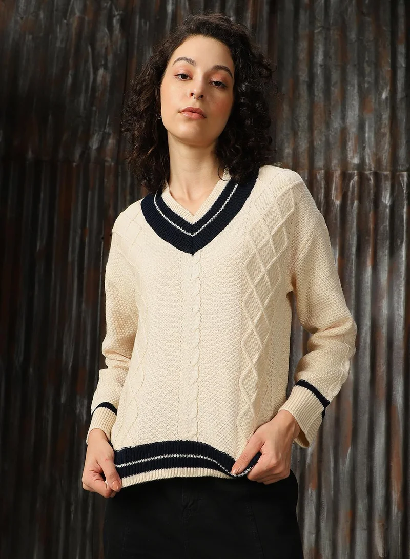 HIGH STAR Women's Marshmellow With Navy And White 100% Acrylic Solid Regular Fit Sweater