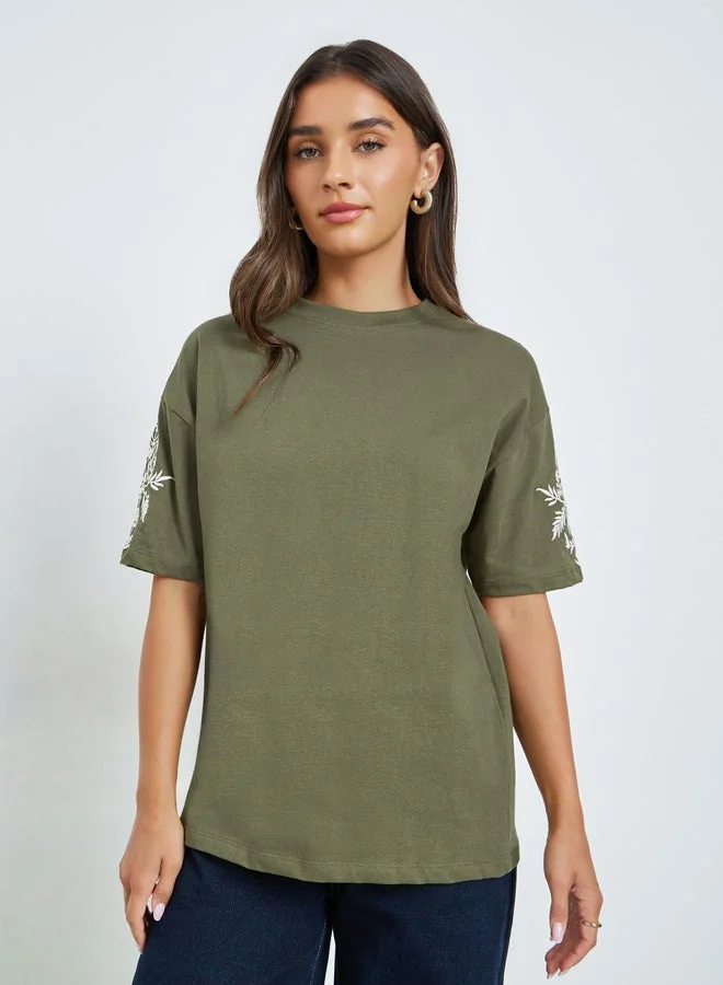 Styli Green Embroidered Sleeve 100% Cotton Oversized T-Shirt