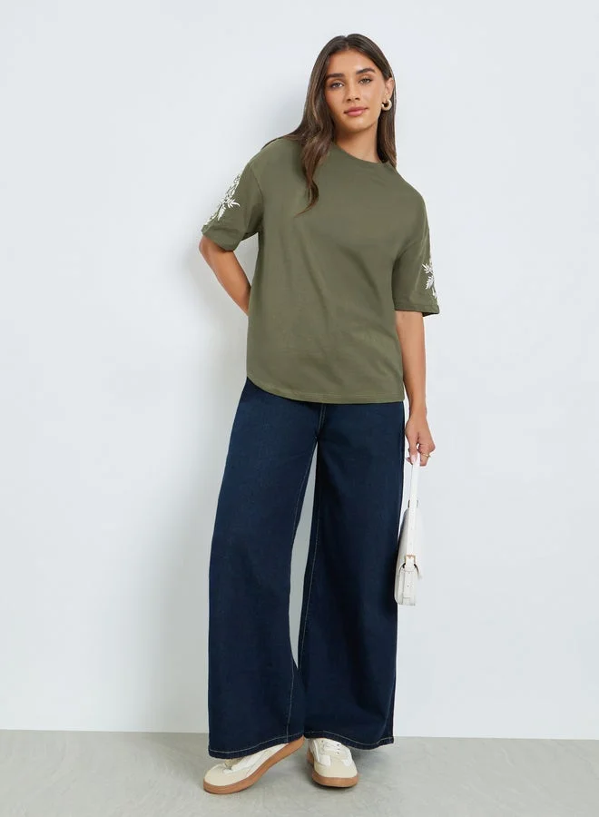 Styli Green Embroidered Sleeve 100% Cotton Oversized T-Shirt