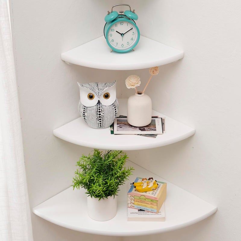 Conamily Corner Shelves, Floating Corner Shelf, Set of 3 Solid Oak Wood Corner Wall Shelves, Round End with Wire Hole Shelving for Small Plant for Bedroom Kitchen, Living Room (Size 9/10/12in) - Image 1