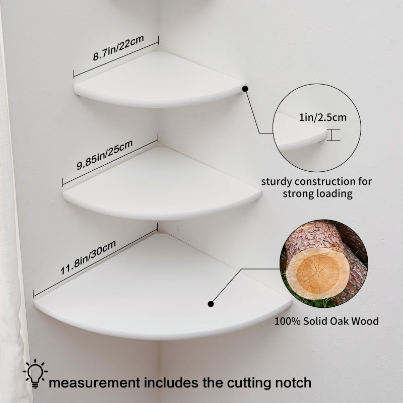 Conamily Corner Shelves, Floating Corner Shelf, Set of 3 Solid Oak Wood Corner Wall Shelves, Round End with Wire Hole Shelving for Small Plant for Bedroom Kitchen, Living Room (Size 9/10/12in) - Image 5