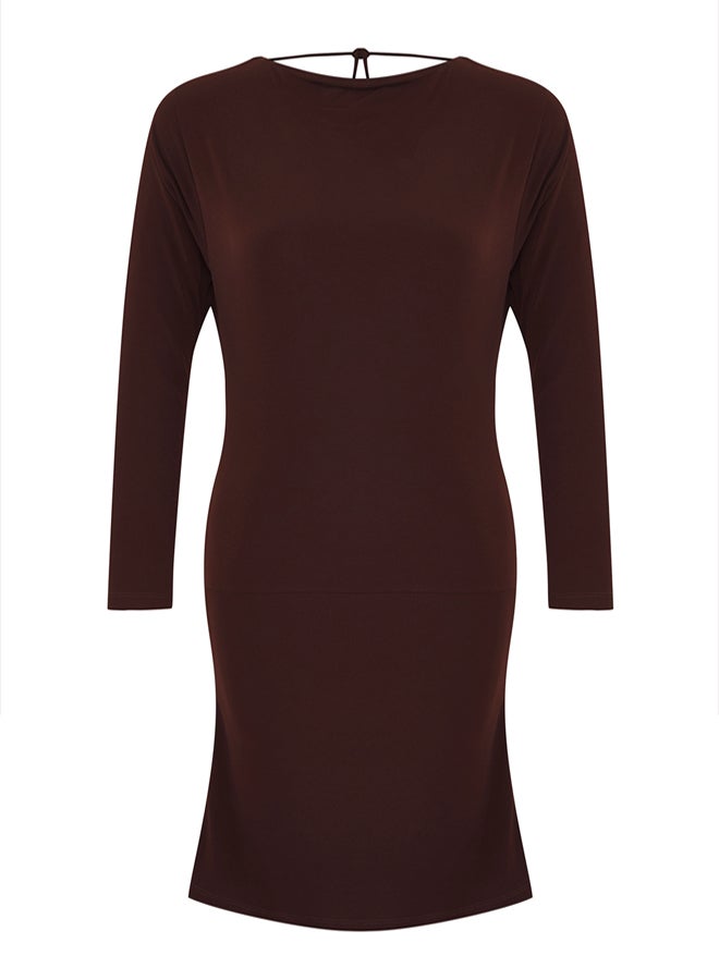 trendyol Limited Edition Brown Backless Mini Bodycon Long Sleeve Stretchy Knitted Dress - Image 5