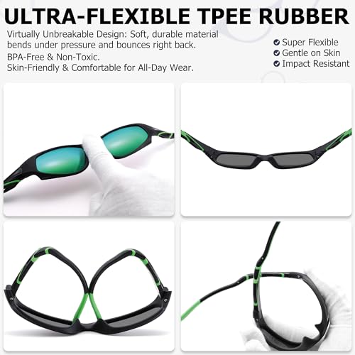 GLARDEFE Kids Youth Baseball Sunglasses – Unbreakable Flexible Polarized Sports Sunglasses with Strap for Boys Girls Age 4-12(Matte Black/Green Mirror + Matte Black/Dark Blue Mirror) - Image 3