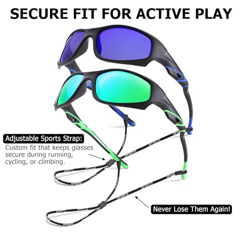 GLARDEFE Kids Youth Baseball Sunglasses – Unbreakable Flexible Polarized Sports Sunglasses with Strap for Boys Girls Age 4-12(Matte Black/Green Mirror + Matte Black/Dark Blue Mirror) - Image 4