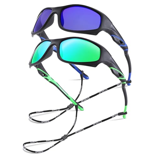 GLARDEFE Kids Youth Baseball Sunglasses – Unbreakable Flexible Polarized Sports Sunglasses with Strap for Boys Girls Age 4-12(Matte Black/Green Mirror + Matte Black/Dark Blue Mirror) - Image 1