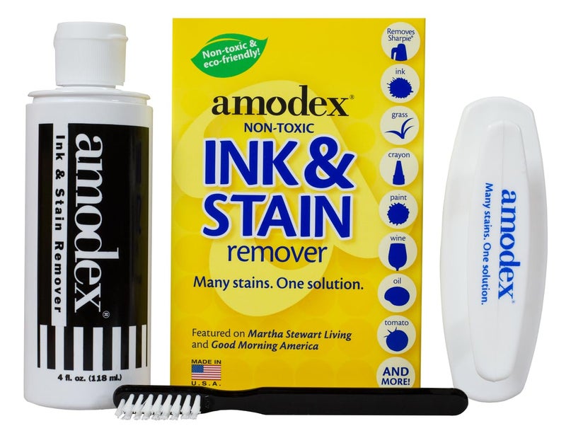 Amodex Ink & Stain Kit with Stain Remover Brushes, Removes Ink, Sharpie, Grease, Food and More, Safe and Effective on Clothes, Leather and Skin, Includes 1 Bottle and 2 Brushes - Image 1