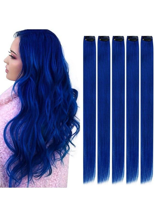 RUNATURE - Clip In Hair Extensions Real Human Hair Blue Clip In Extensions Natural Hair 22 Inch Double Weft Blue Hair Extensions Clip In Remy Hair Full Ends Colored Highlight Party Clip Ins 25G 5Pcs - Image 1