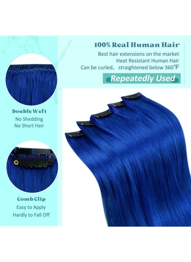 RUNATURE - Clip In Hair Extensions Real Human Hair Blue Clip In Extensions Natural Hair 22 Inch Double Weft Blue Hair Extensions Clip In Remy Hair Full Ends Colored Highlight Party Clip Ins 25G 5Pcs - Image 1