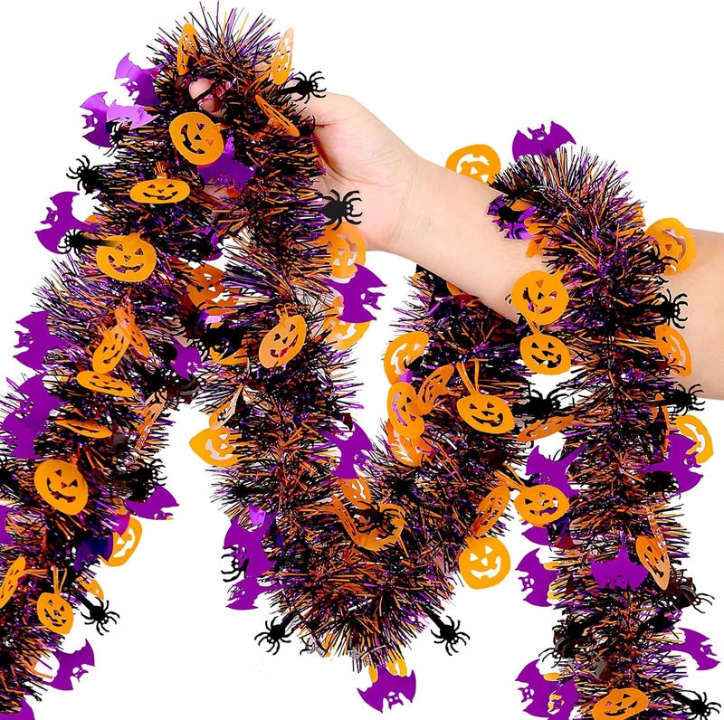 Hongsome Halloween Garland Decorations,50Ft Glitter Tinsel Pumpkin Bats Spider Garland Decor for Tree Car Golf Cart Parade Float Indoor Outdoor Holiday Home Burnt Orange Black Purple (Purple) - Image 1