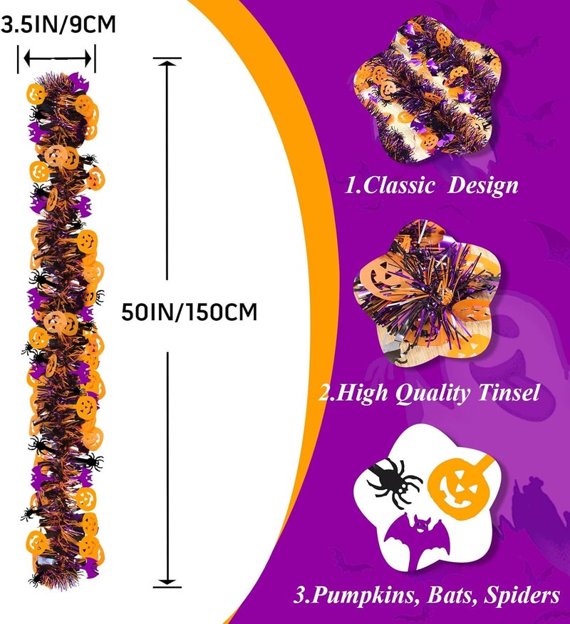 Hongsome Halloween Garland Decorations,50Ft Glitter Tinsel Pumpkin Bats Spider Garland Decor for Tree Car Golf Cart Parade Float Indoor Outdoor Holiday Home Burnt Orange Black Purple (Purple) - Image 2