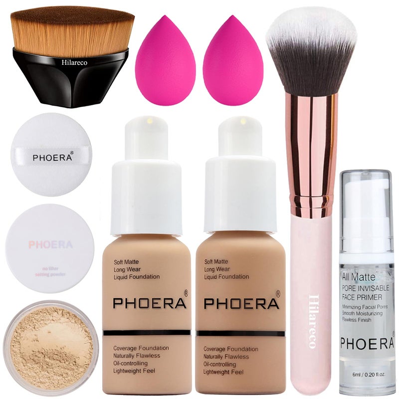 PHOERA Foundation Full Coverage Foundation PHOERA Primer PHOERA Powder PHOERA Makeup Set Kabuki Makeup Brushes Foundation Brush Powder Brush2 Pcs Makeup Sponge 104 Buff Beige  105 Sand