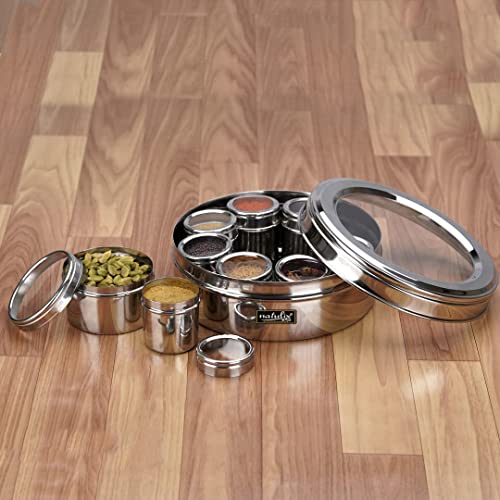 NATULIX Stainless Steel Stylish 9 IN 1 Masala Box for Kitchen | Spice Box for Kitchen | Masala Dani| Masala Dabba with individual See through lid 4 Spoons | Silver (2.5 Ltr | X-Large | 22.5cm) - Image 1