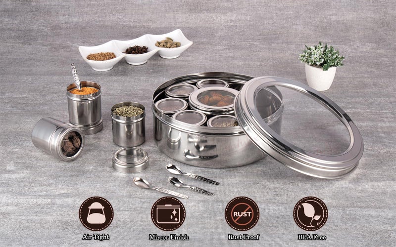 NATULIX Stainless Steel Stylish 9 IN 1 Masala Box for Kitchen | Spice Box for Kitchen | Masala Dani| Masala Dabba with individual See through lid 4 Spoons | Silver (2.5 Ltr | X-Large | 22.5cm) - Image 5
