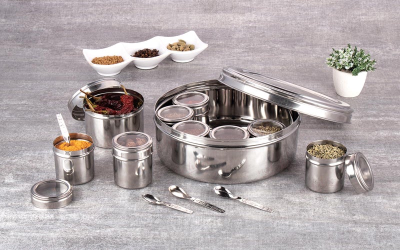 NATULIX Stainless Steel Stylish 9 IN 1 Masala Box for Kitchen | Spice Box for Kitchen | Masala Dani| Masala Dabba with individual See through lid 4 Spoons | Silver (2.5 Ltr | X-Large | 22.5cm) - Image 2