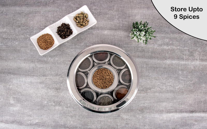NATULIX Stainless Steel Stylish 9 IN 1 Masala Box for Kitchen | Spice Box for Kitchen | Masala Dani| Masala Dabba with individual See through lid 4 Spoons | Silver (2.5 Ltr | X-Large | 22.5cm) - Image 4