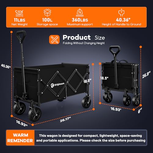 Originsure Collapsible Wagon Cart Foldable - Portable Heavy Duty Folding Beach Wagons with Wheels - Outdoor Utility Carts for Groceries, Shopping, Camping, Sports, Garden with Large Capacity - Black - Image 3