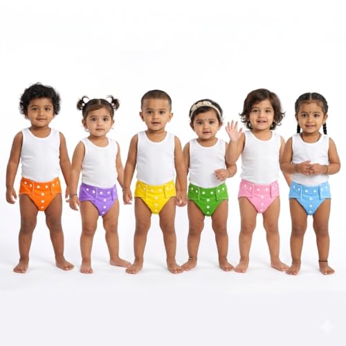 VParents Solid Washable Baby Cloth Diaper Reusable Adjustable Size Waterproof Pocket Cloth Diaper Nappie (With Insert) (Pack of 6) - Image 1