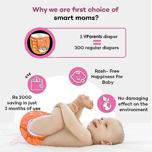 VParents Solid Washable Baby Cloth Diaper Reusable Adjustable Size Waterproof Pocket Cloth Diaper Nappie (With Insert) (Pack of 6) - Image 4