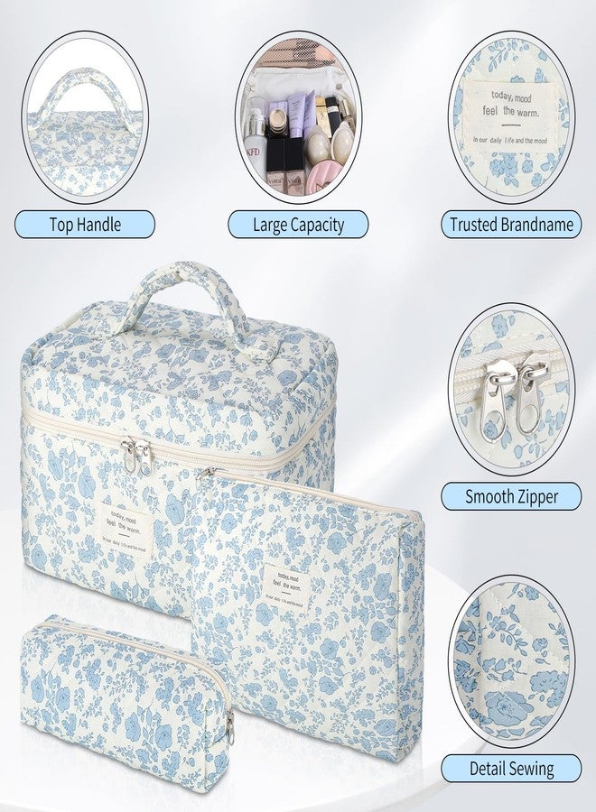 حقيبة مكياج سينبوي الزهرية، طقم من 3 حقائب مكياج قطنية مبطنة كبيرة، حقيبة مكياج أنيقة مزينة بالزهور للنساء، حقيبة تنظيم مكياج للسفر - Image 3
