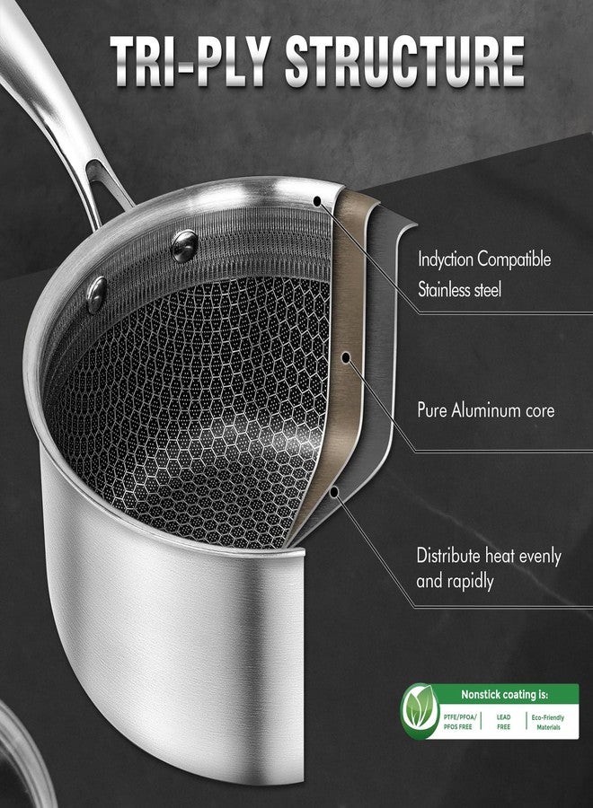AuFranc™ Hybrid Nonstick 2 Quart Stainless Steel Saucepan with Glass Lid, Induction Sauce Pan with Honeycomb Carving, Non-stick Sauce Pot Compatible with All Cooktops, Dishwasher Safe, Non-Toxic - Image 3
