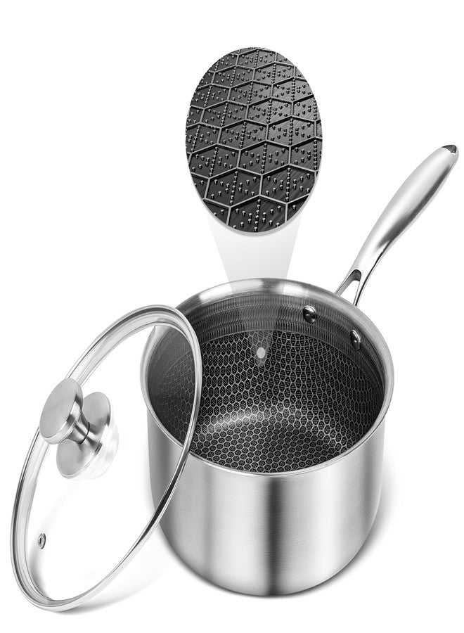 AuFranc™ Hybrid Nonstick 2 Quart Stainless Steel Saucepan with Glass Lid, Induction Sauce Pan with Honeycomb Carving, Non-stick Sauce Pot Compatible with All Cooktops, Dishwasher Safe, Non-Toxic - Image 1