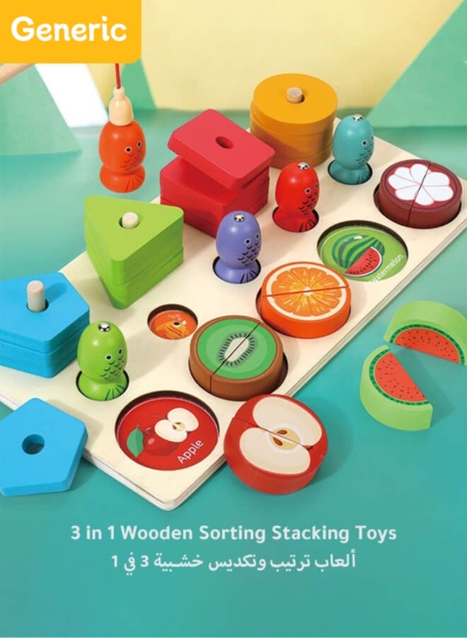 3-in-1 Wooden Educational Toy – Shape & Color Sorting, Fruit Recognition, Montessori Stacking Puzzle – Interactive Learning Gift for Toddlers & Preschool Kids - Image 1