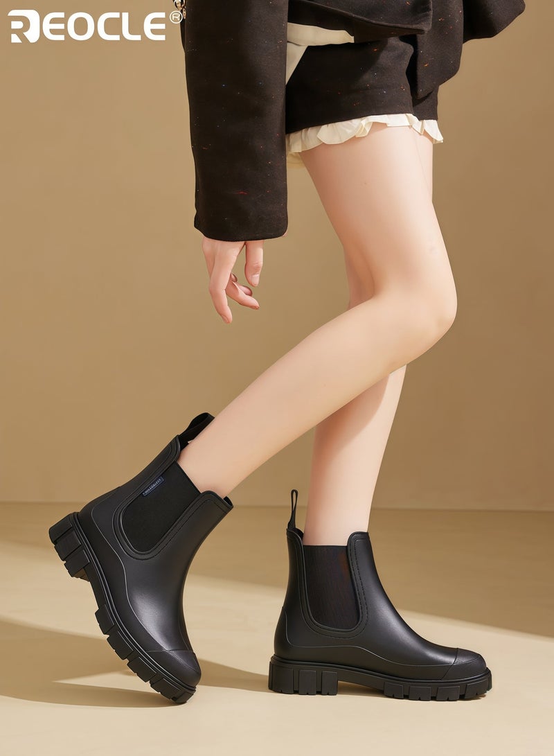 REOCLE Women's Chelsea Boots with Lug Sole and Chunky Heel Design Waterproof Ankle Boots with Elastic Slip On for Rainy Weather Fashion - Image 5