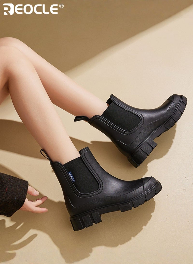 REOCLE Women's Chelsea Boots with Lug Sole and Chunky Heel Design Waterproof Ankle Boots with Elastic Slip On for Rainy Weather Fashion - Image 1