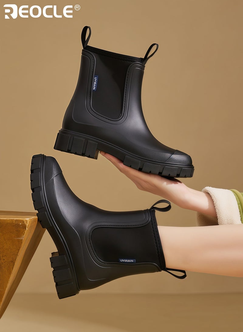 REOCLE Women's Chelsea Boots with Lug Sole and Chunky Heel Design Waterproof Ankle Boots with Elastic Slip On for Rainy Weather Fashion - Image 3
