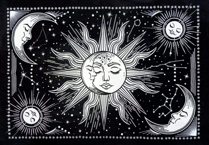 Doraya Psychedelic Two Face Sun Tie Dye Mandala Tapestry Hippie Hippy Celestial Wall Hanging Indian Bohemian Tapestries Multicolour 54x60 Inches Black and White 54x60 Inches - Image 1