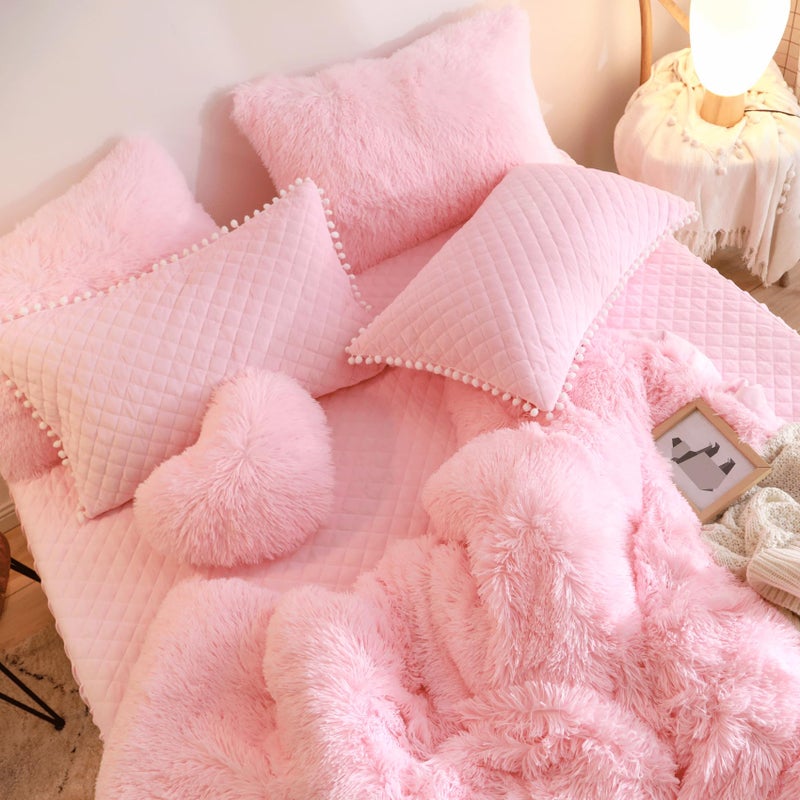 HAIHUA Fluffy Pink Comforter Cover Twin Set, Fuzzy Pink Girls Twin Bedding Set 2 Pieces (1 Plush Duvet Cover + 1 Furry Plush Pillow Cases) Girls Shaggy Bed Set, Zipper Closure - Image 4