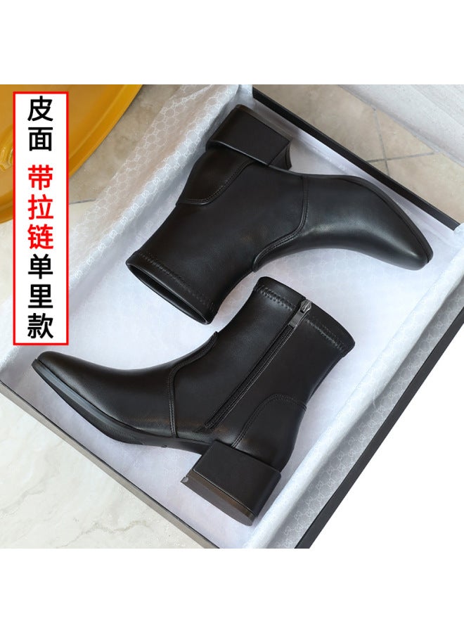 Suede Boots Women's Short Boots   And Winter Thick Heel Medium Heel Slim Boots Black Side Zipper Fleece-lined Women's Boots