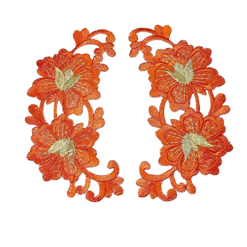 Embroidered Flower sew onIron on Patches for ClothesSuitsBlouseDupattaSareeJeansBackpackIron Dress Badge Pack of 2 Piece Orange  - Image 1