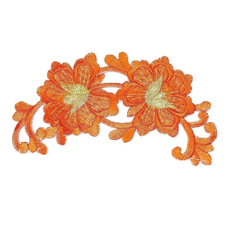 Embroidered Flower sew onIron on Patches for ClothesSuitsBlouseDupattaSareeJeansBackpackIron Dress Badge Pack of 2 Piece Orange  - Image 3