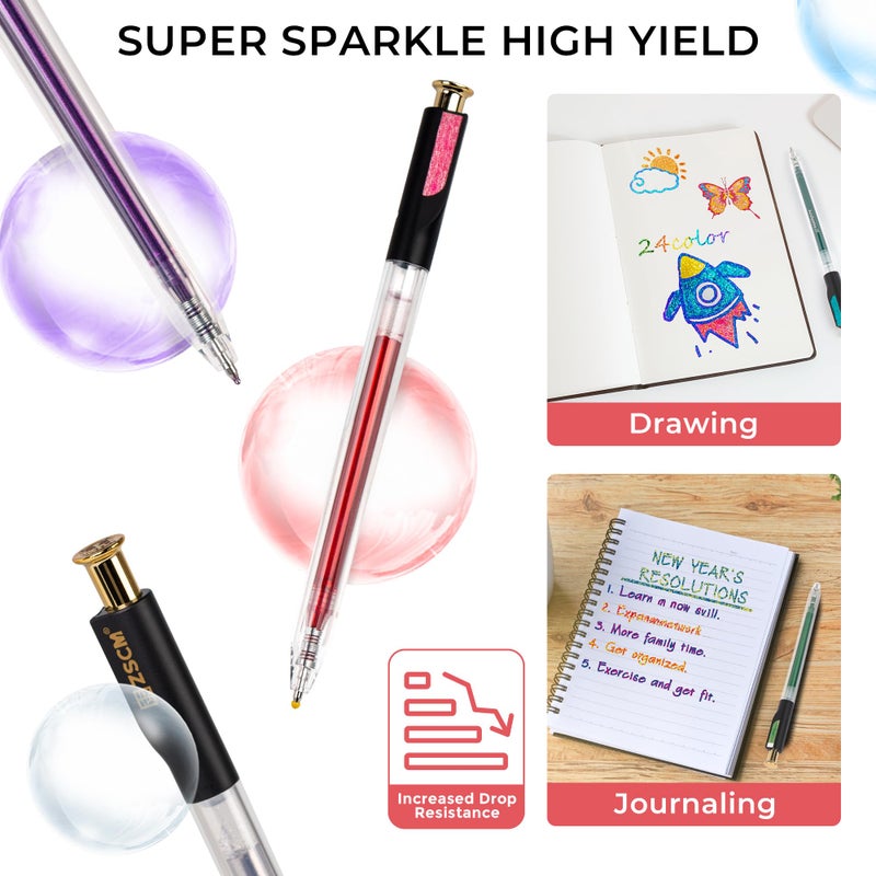 ZSCM Retractable Super Glitter Gel Pens, 24 Colors Large Capacity Metallic Sparkle Gel Ink Pens, 1 mm Fine Point Smooth Writing Color Pen for Adult Coloring Book Note Taking Aesthetic Art Supplies - Image 5