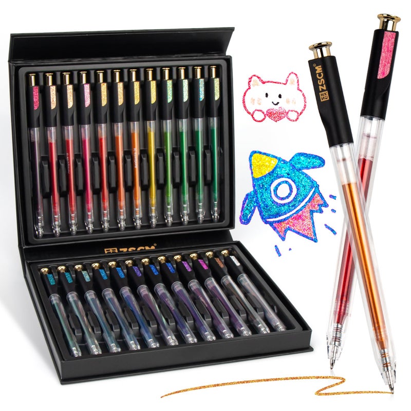 ZSCM Retractable Super Glitter Gel Pens, 24 Colors Large Capacity Metallic Sparkle Gel Ink Pens, 1 mm Fine Point Smooth Writing Color Pen for Adult Coloring Book Note Taking Aesthetic Art Supplies - Image 1
