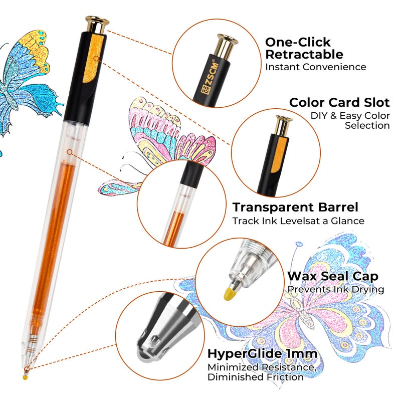 ZSCM Retractable Super Glitter Gel Pens, 24 Colors Large Capacity Metallic Sparkle Gel Ink Pens, 1 mm Fine Point Smooth Writing Color Pen for Adult Coloring Book Note Taking Aesthetic Art Supplies - Image 2