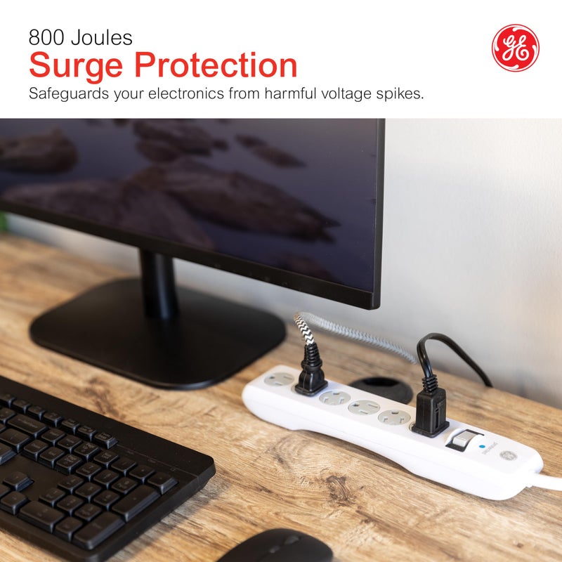 GE Surge Protector Power Strip, 6 Ft Extension Cord, 6 Outlet Extender, 800 Joules, Flat Plug, Twist-to-Close Safety Covers, ETL Listed, White, 67051 - Image 5