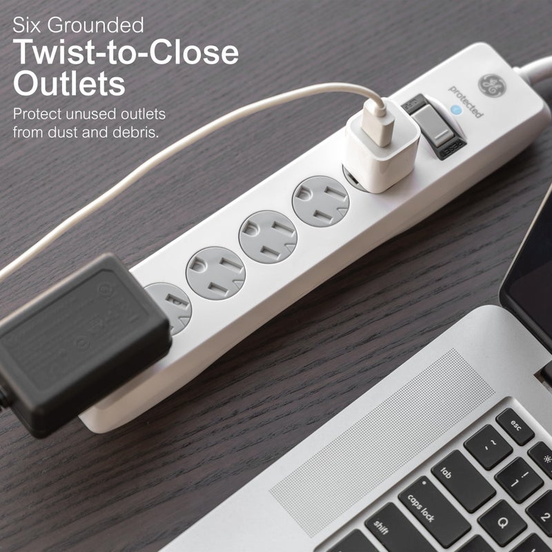 GE Surge Protector Power Strip, 6 Ft Extension Cord, 6 Outlet Extender, 800 Joules, Flat Plug, Twist-to-Close Safety Covers, ETL Listed, White, 67051 - Image 2